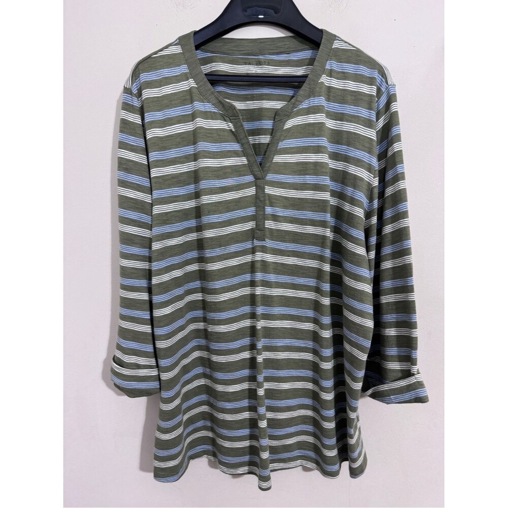 Talbots Cotton Modal Striped Tunic 3/4 Sleeves Olive White size 3X Casual Comfy
